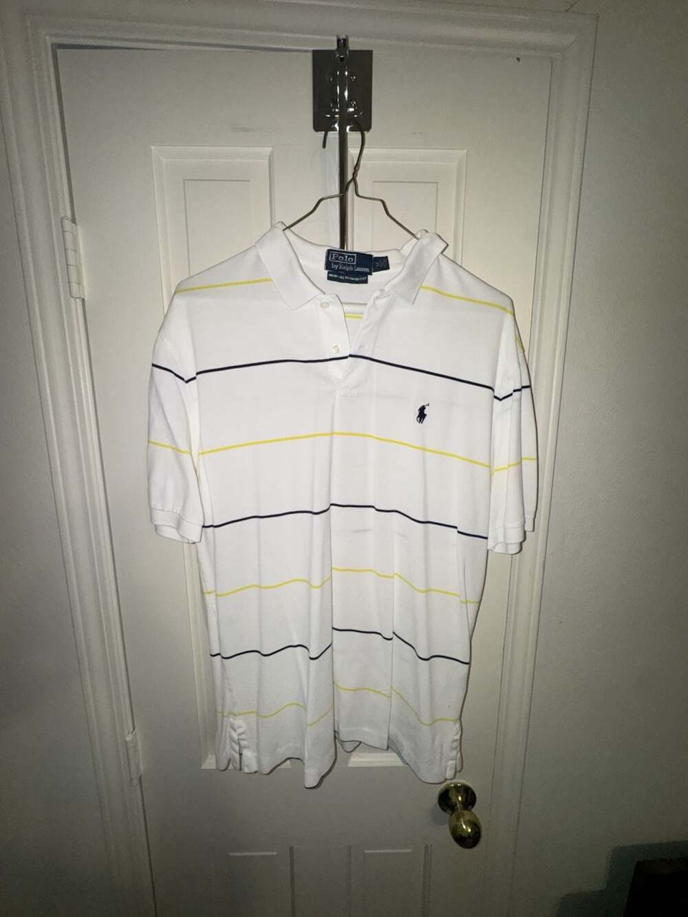 Polo by Ralph Lauren Moisture Management White Yellow Navy Striped Polo Shirt